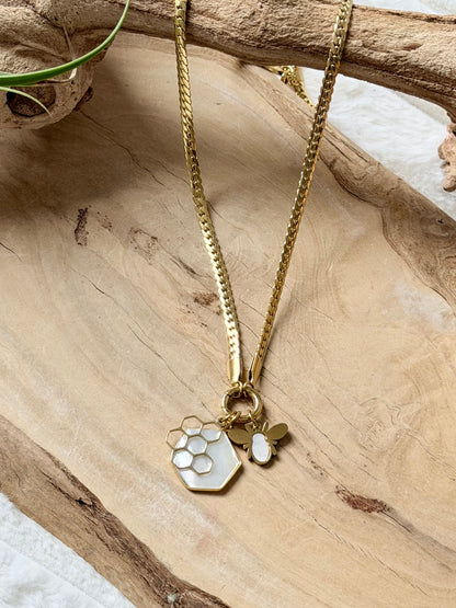 Mother of Pearl + Gold Bee Carabiner Herringbone Necklace