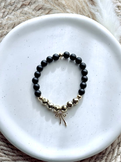 Matte Black Onyx + Champagne Hematite -  Gold Bow Band