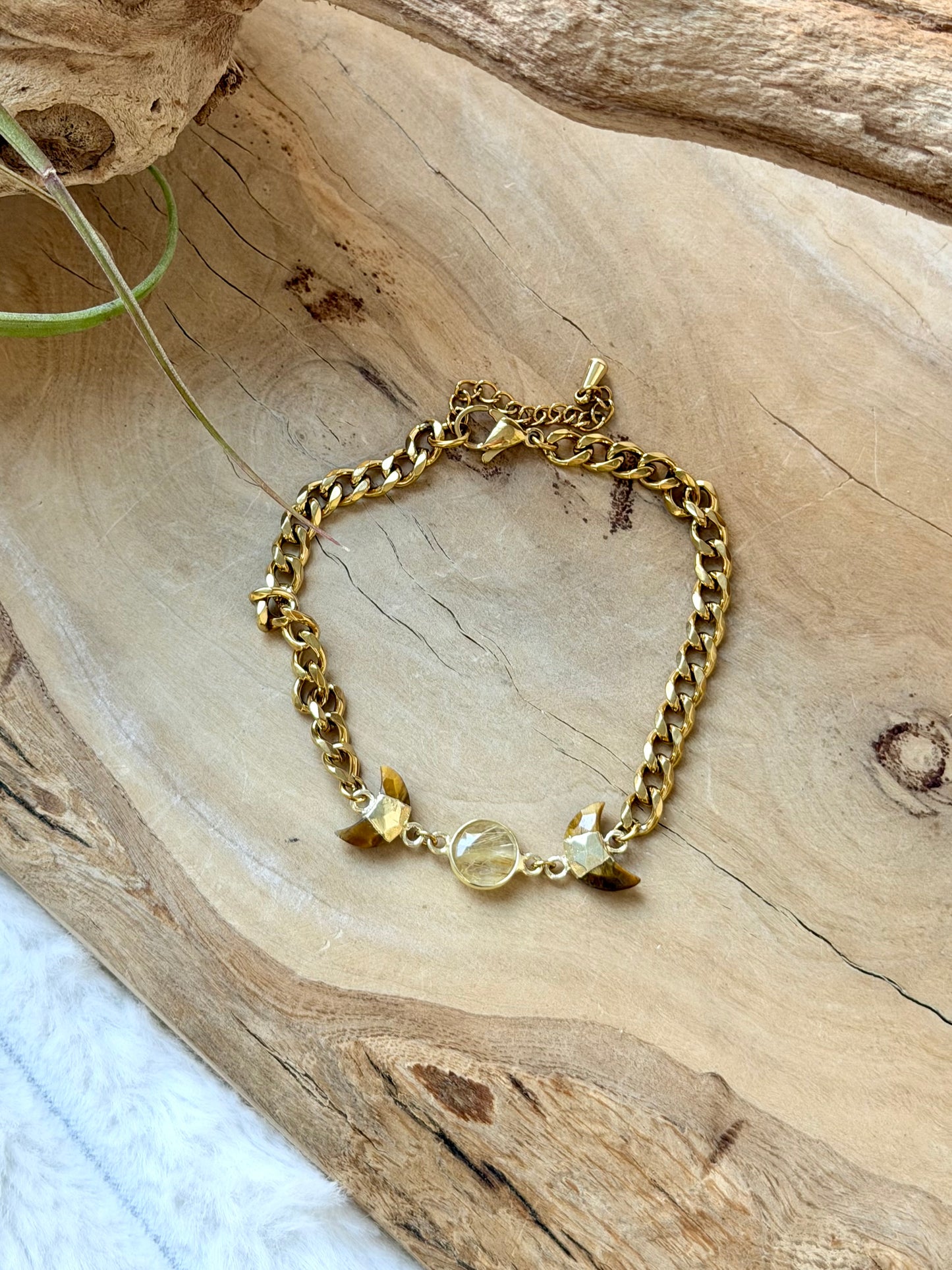 Golden Rutile Quartz + Tiger Eye Gold Moon Bracelet