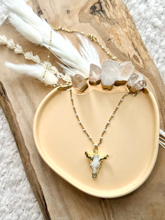 White + Gold Cow Skull Necklace