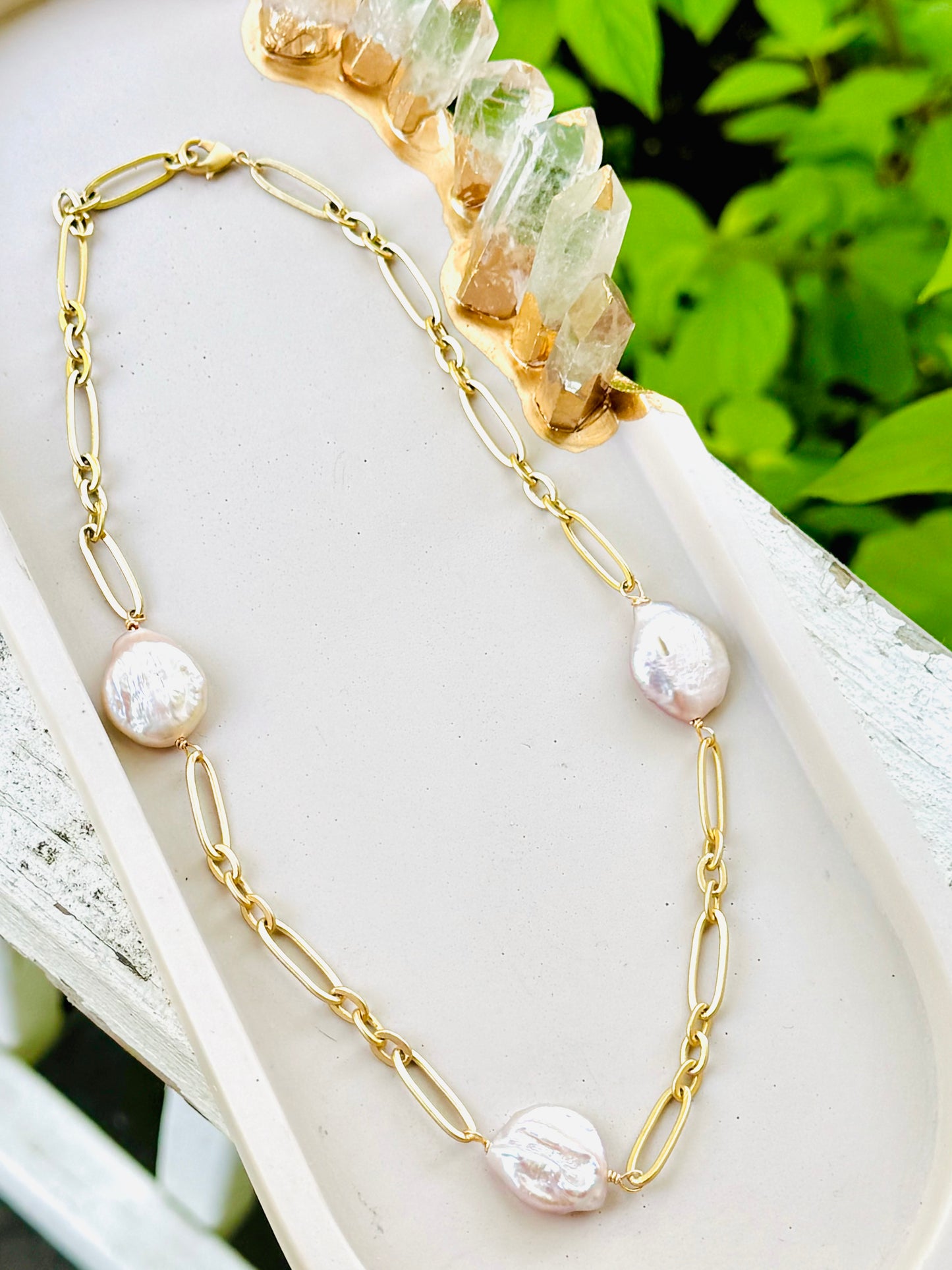 Pink Freshwater Pearl + Matte Gold Trio Necklace