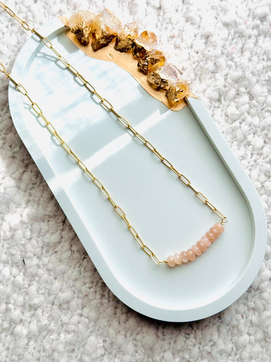 Peach Moonstone + Matte Gold Chain Bar Necklace