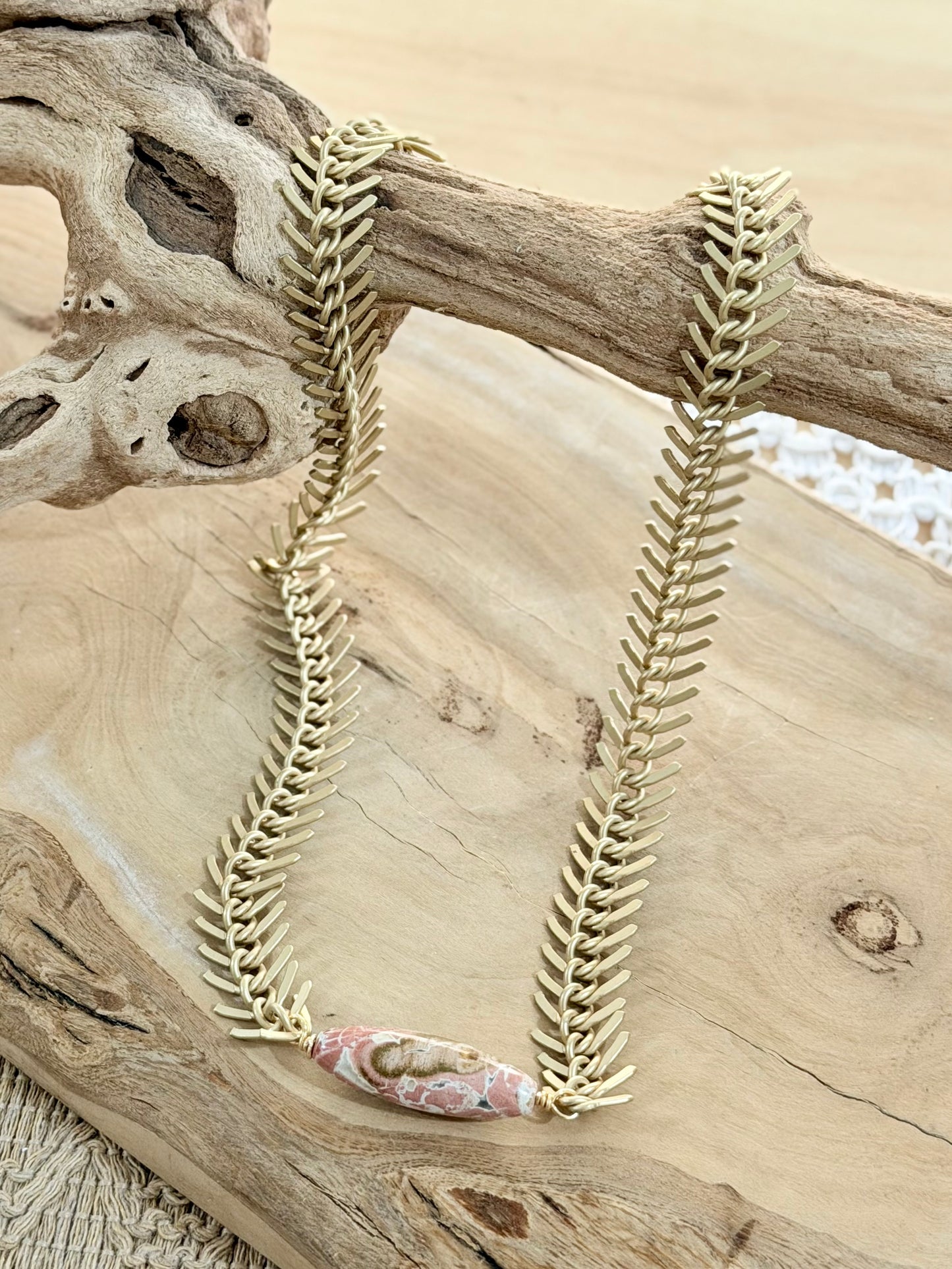 Painted Jasper + Matte Gold Fishbone Chain Necklace
