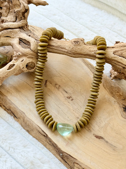 Green Fluorite + Tan African Ceramic Gold Chunky Necklace