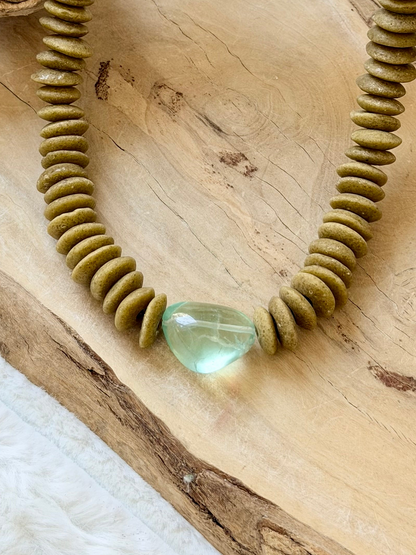 Green Fluorite + Tan African Ceramic Gold Chunky Necklace