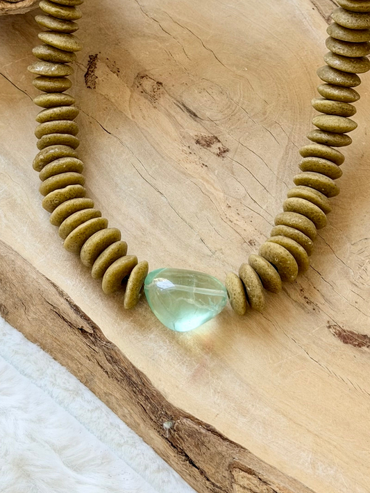 Green Fluorite + Tan African Ceramic Gold Chunky Necklace