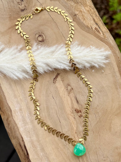Chrysoprase Drop + Gold Leaf Necklace