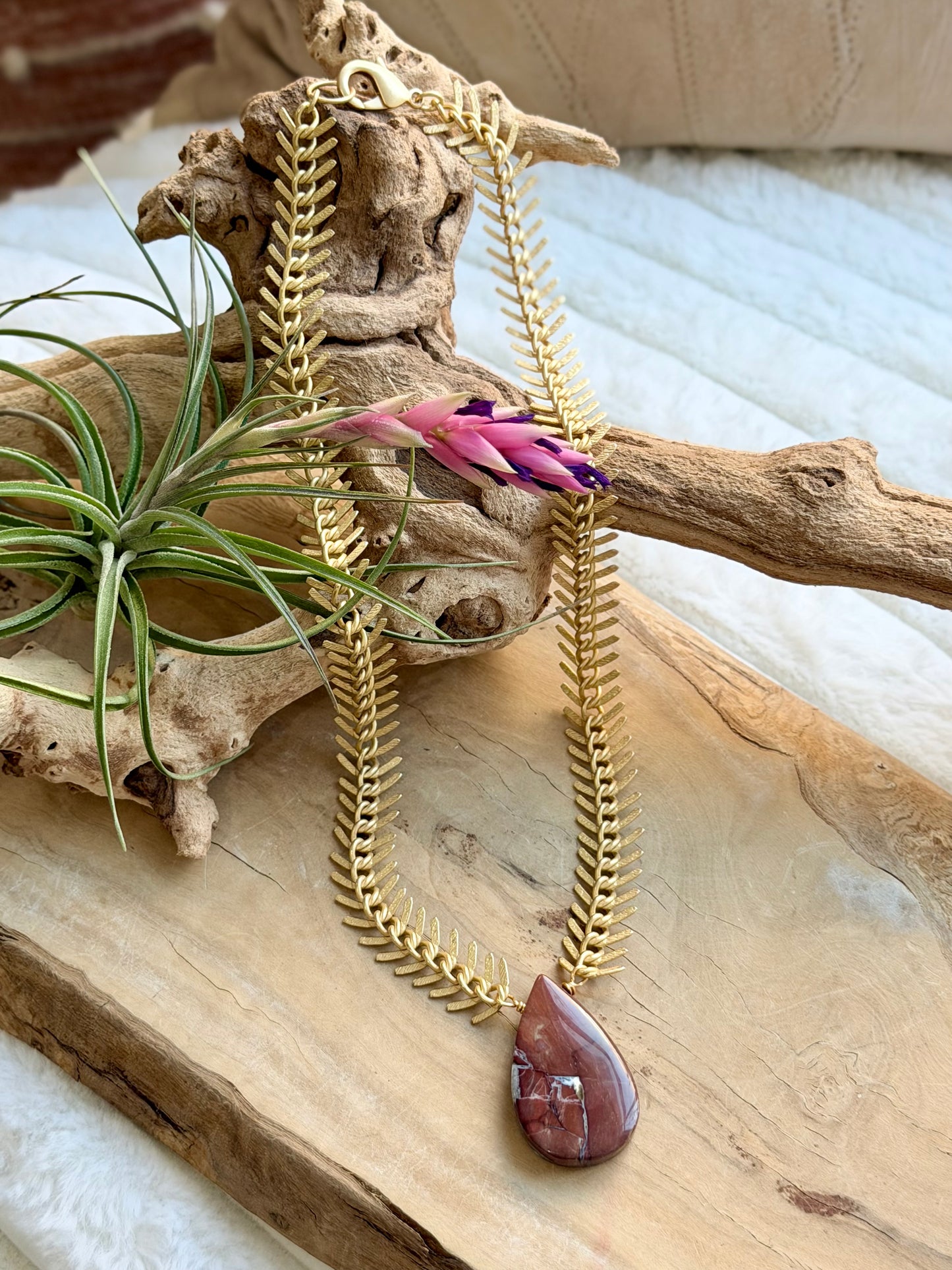 Butterfly Jasper + Matte Gold Fishbone Chain Necklace