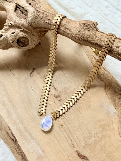 Rainbow Moonstone + Matte Gold Half-Moon Chain Necklace