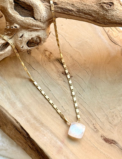 Rainbow Moonstone + Matte Gold Necklace