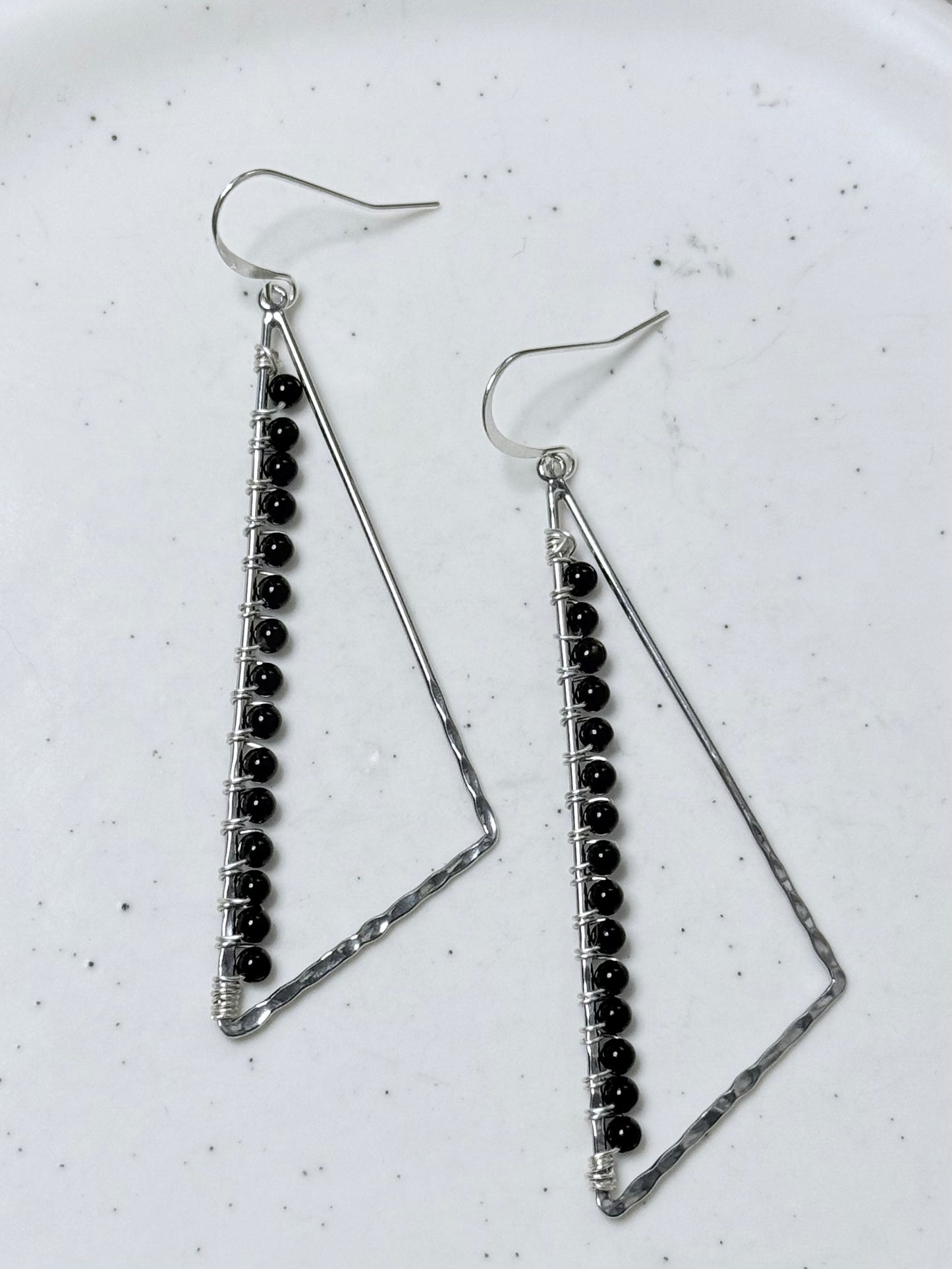 Black Onyx + Silver Large Triangle Earrings