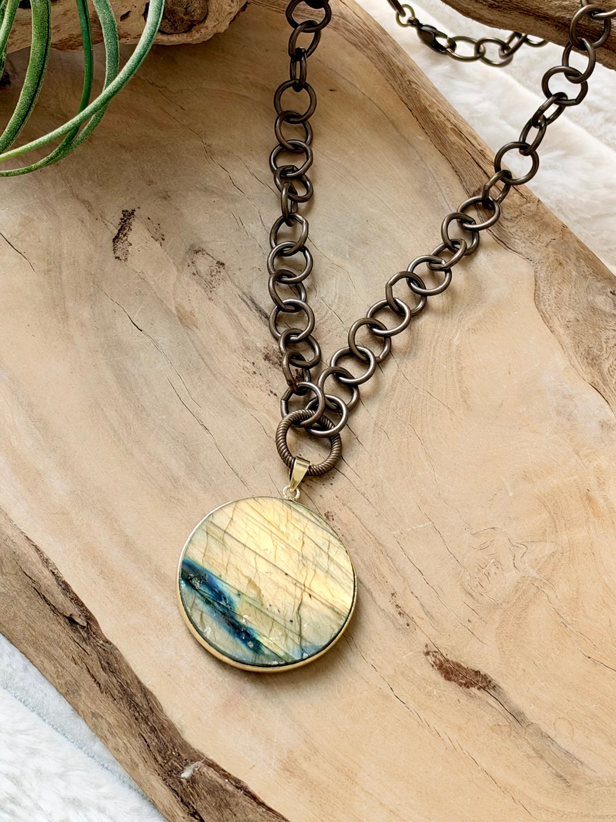 Round Labradorite + Antique Brass Necklace