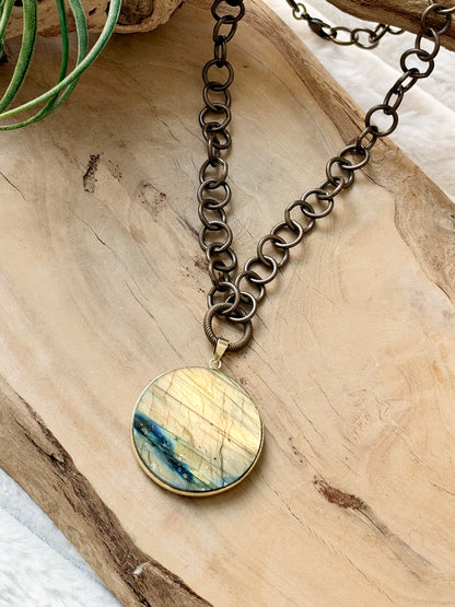 Round Labradorite + Antique Brass Necklace