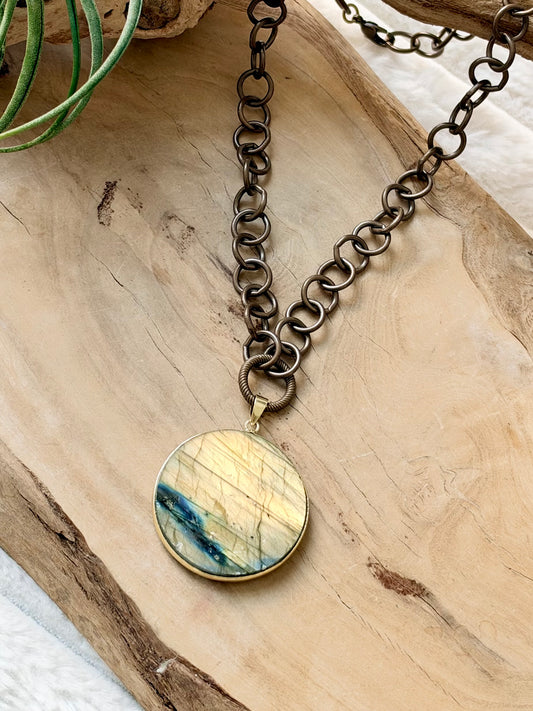 Round Labradorite + Antique Brass Necklace