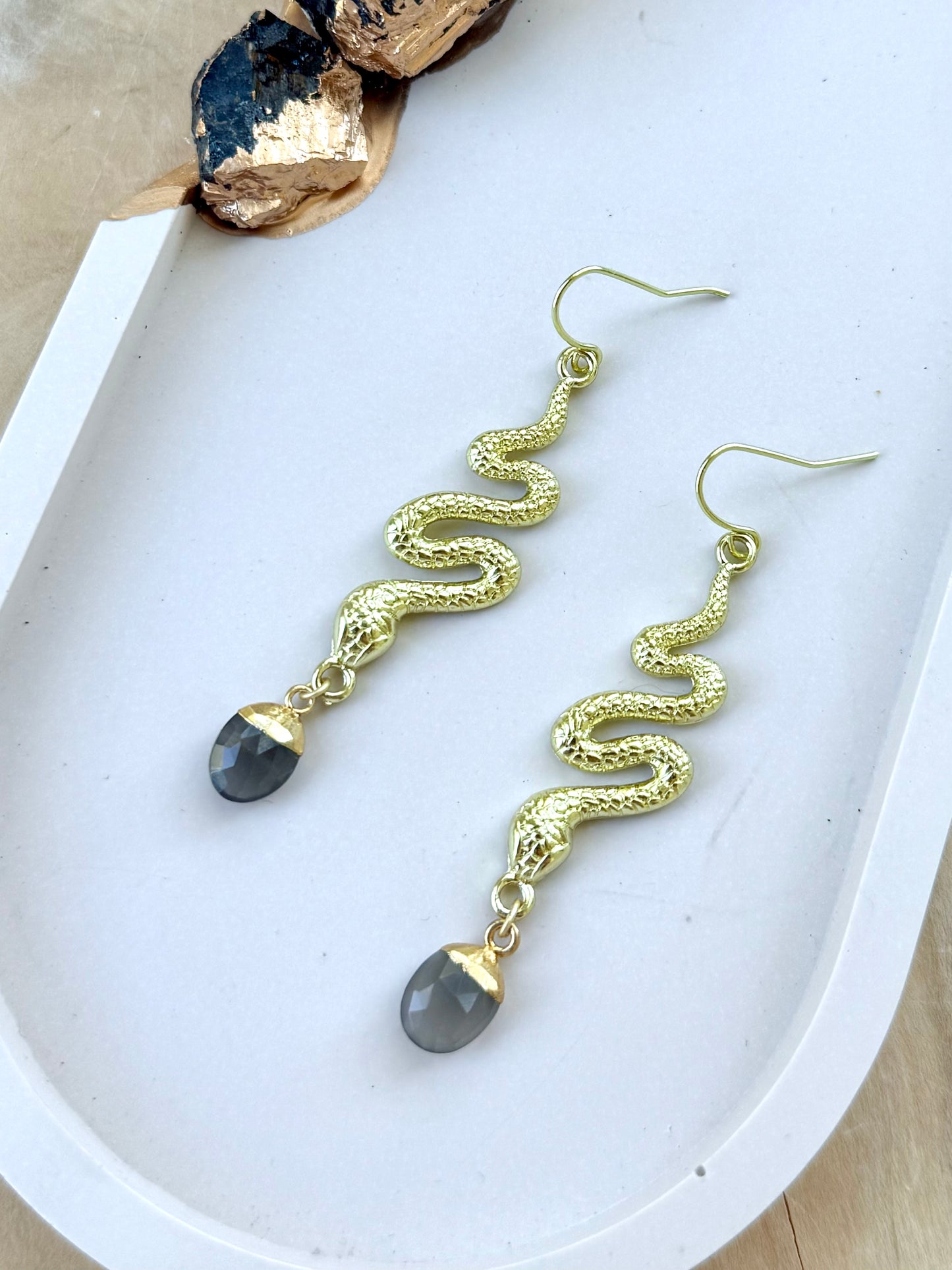 Gray Moonstone + Gold Snake Earrings