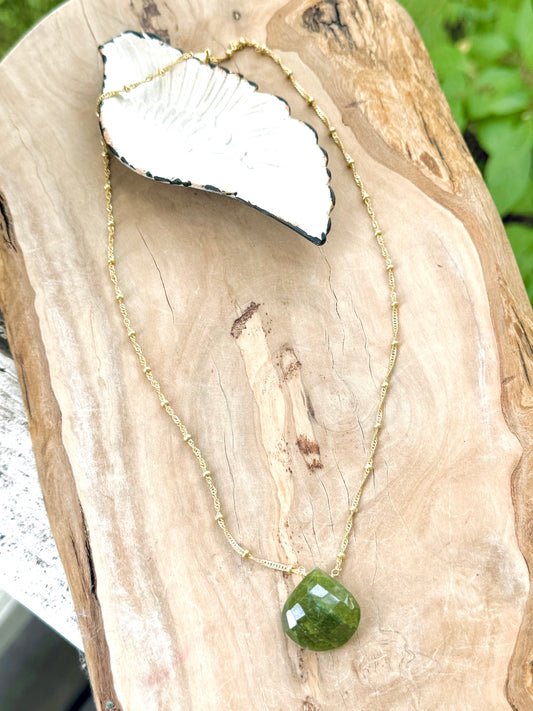 Green Garnet Pendant + Matte Gold Necklace