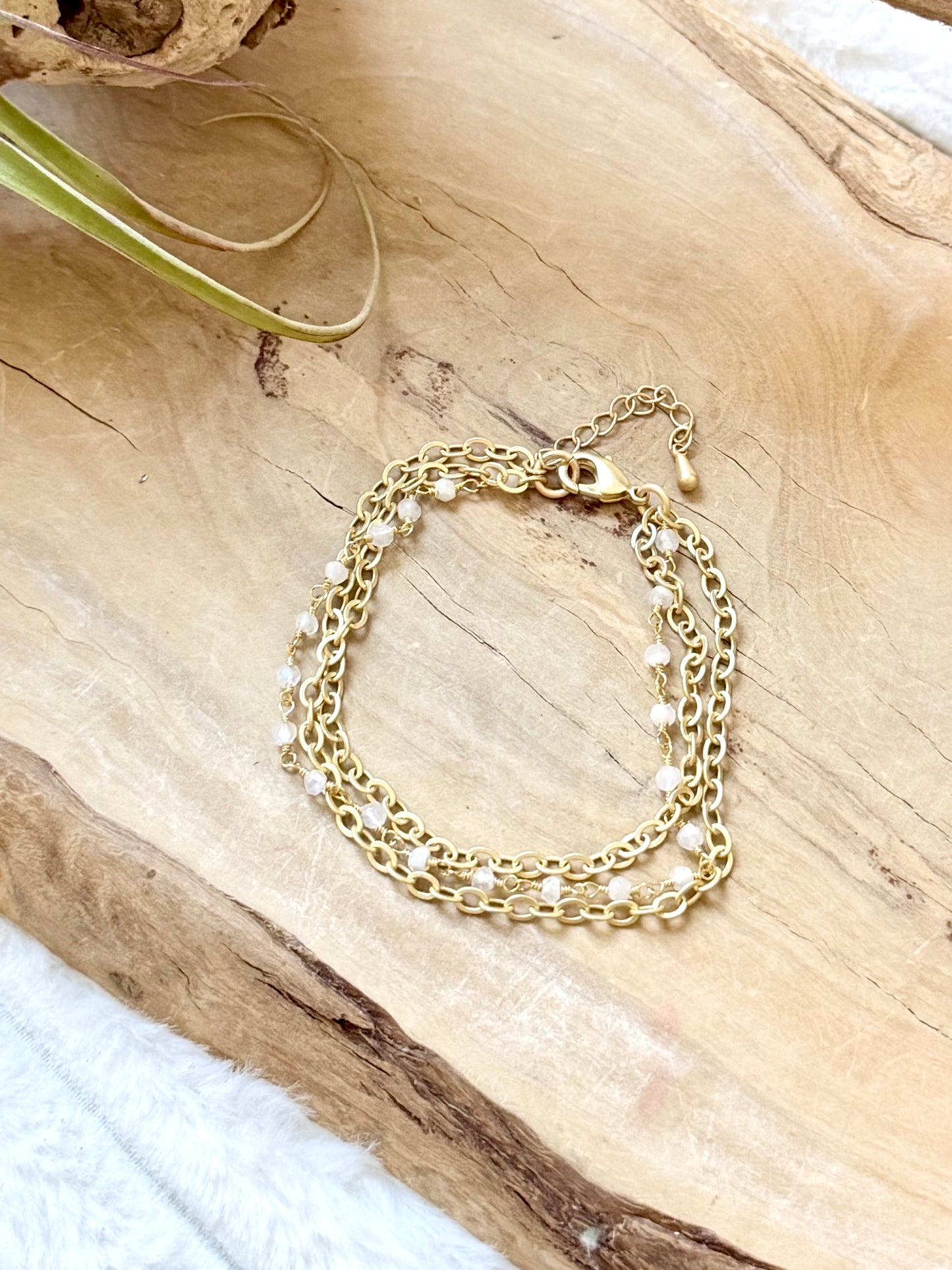 Rainbow Moonstone + Matte Gold Trio Chain Bracelet