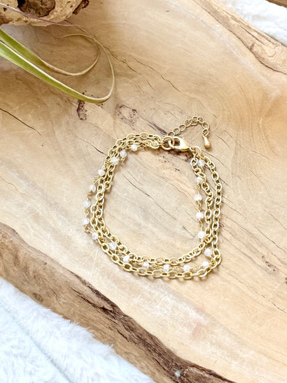 Rainbow Moonstone + Matte Gold Trio Chain Bracelet