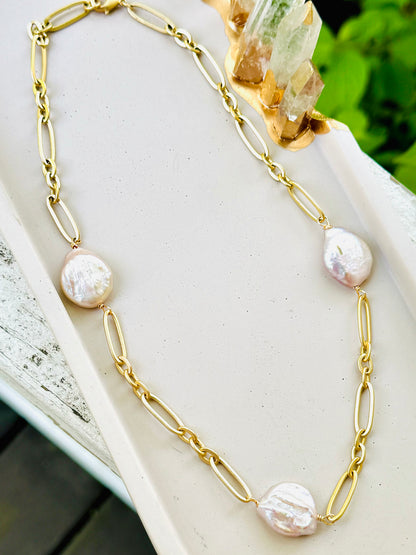 Pink Freshwater Pearl + Matte Gold Trio Necklace