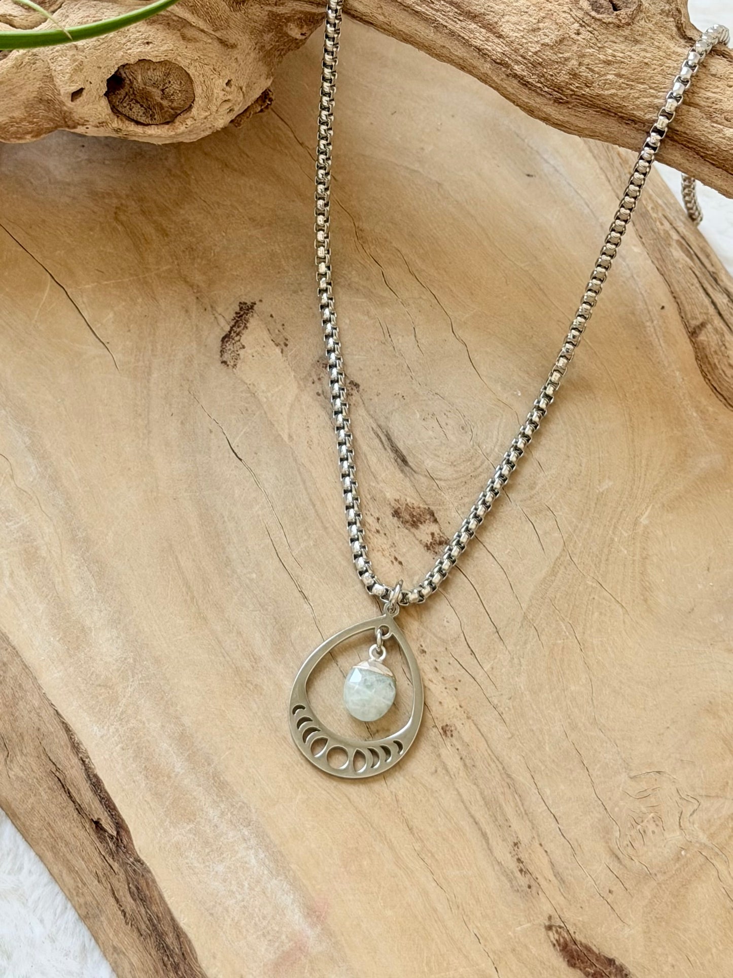 Aquamarine + Stainless Moon Phases Necklace