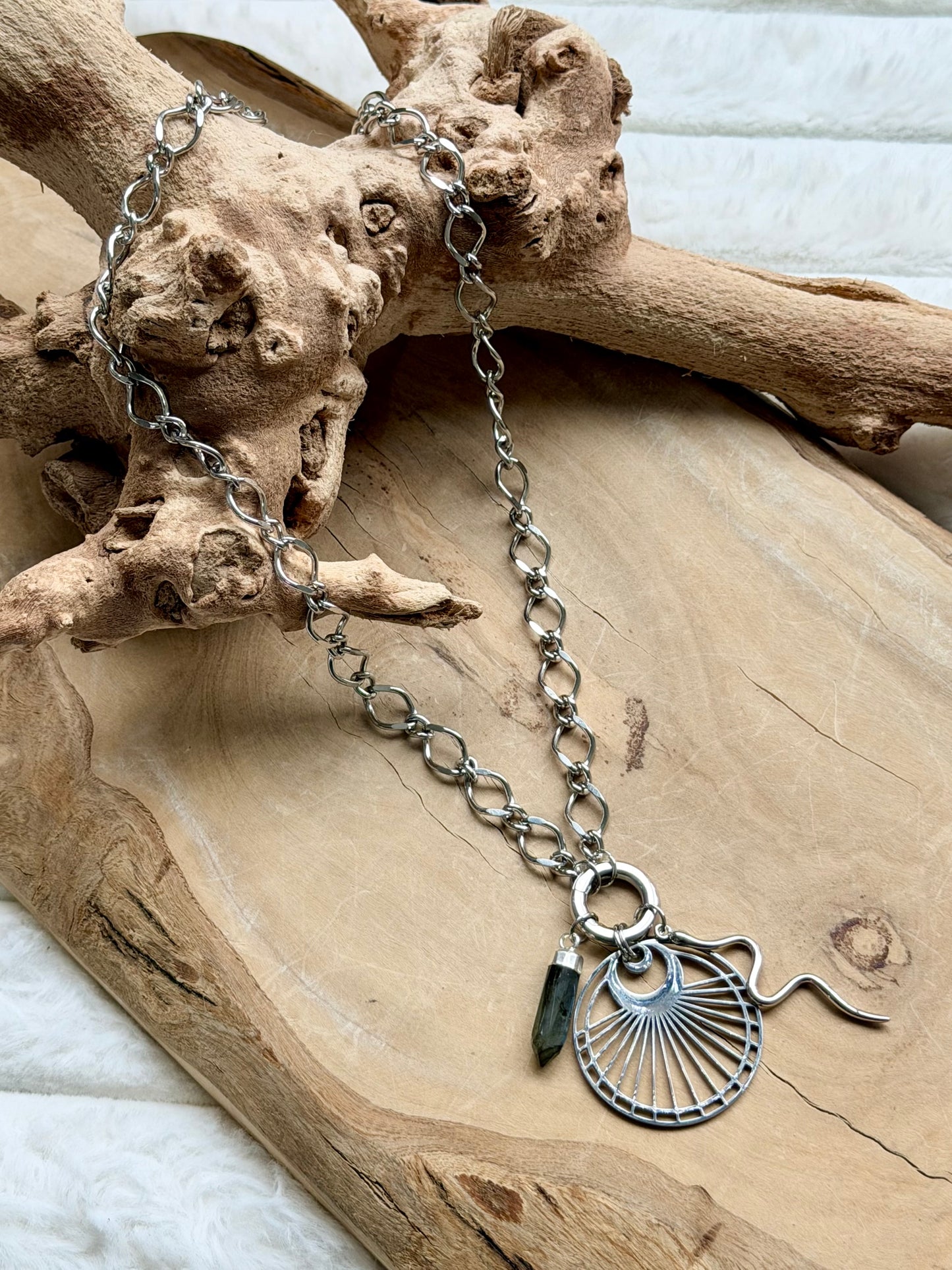 Labradorite Spike + Silver Carabiner Charm Necklace