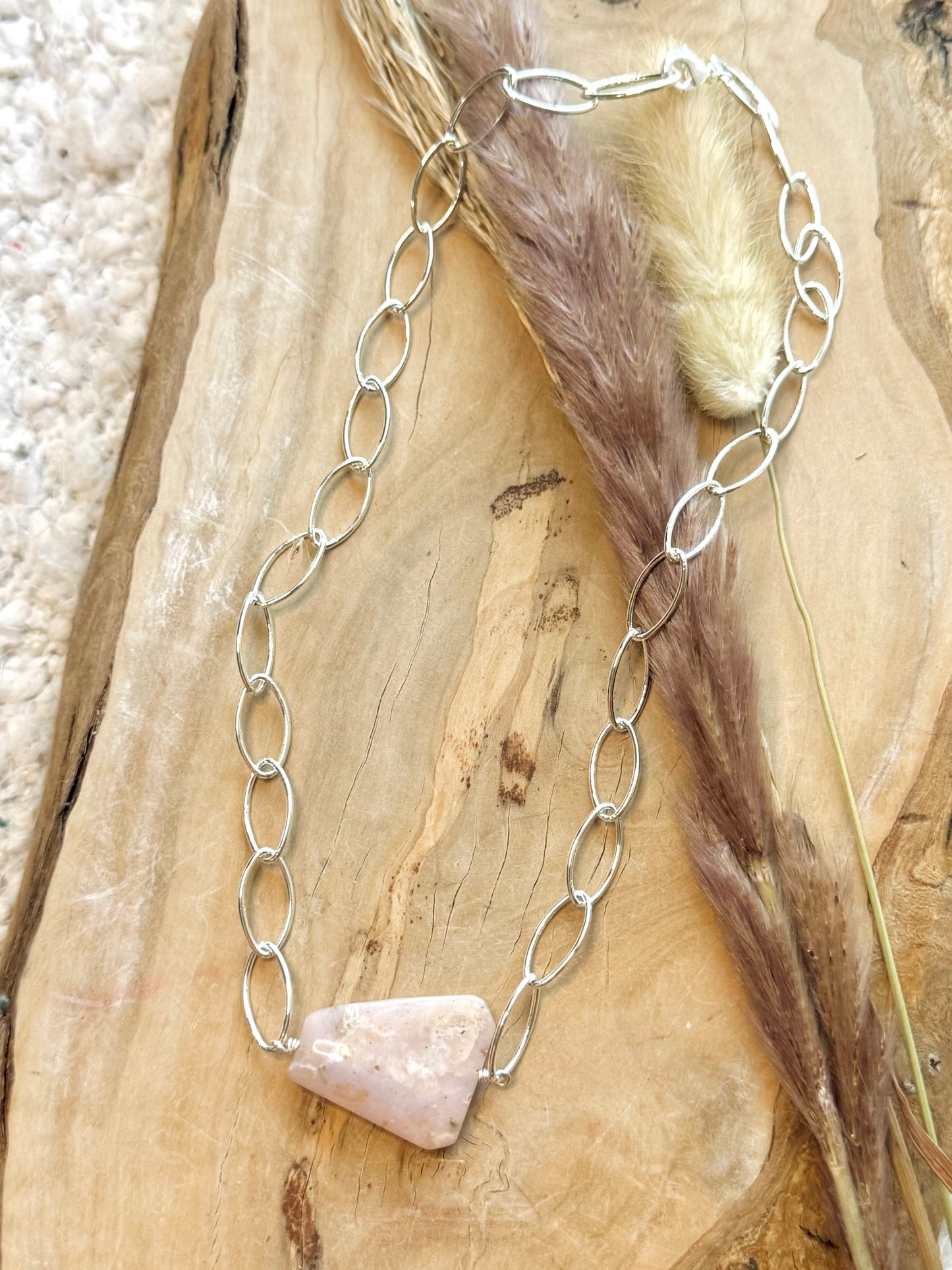 Chunky Pink Opal + Silver Necklace