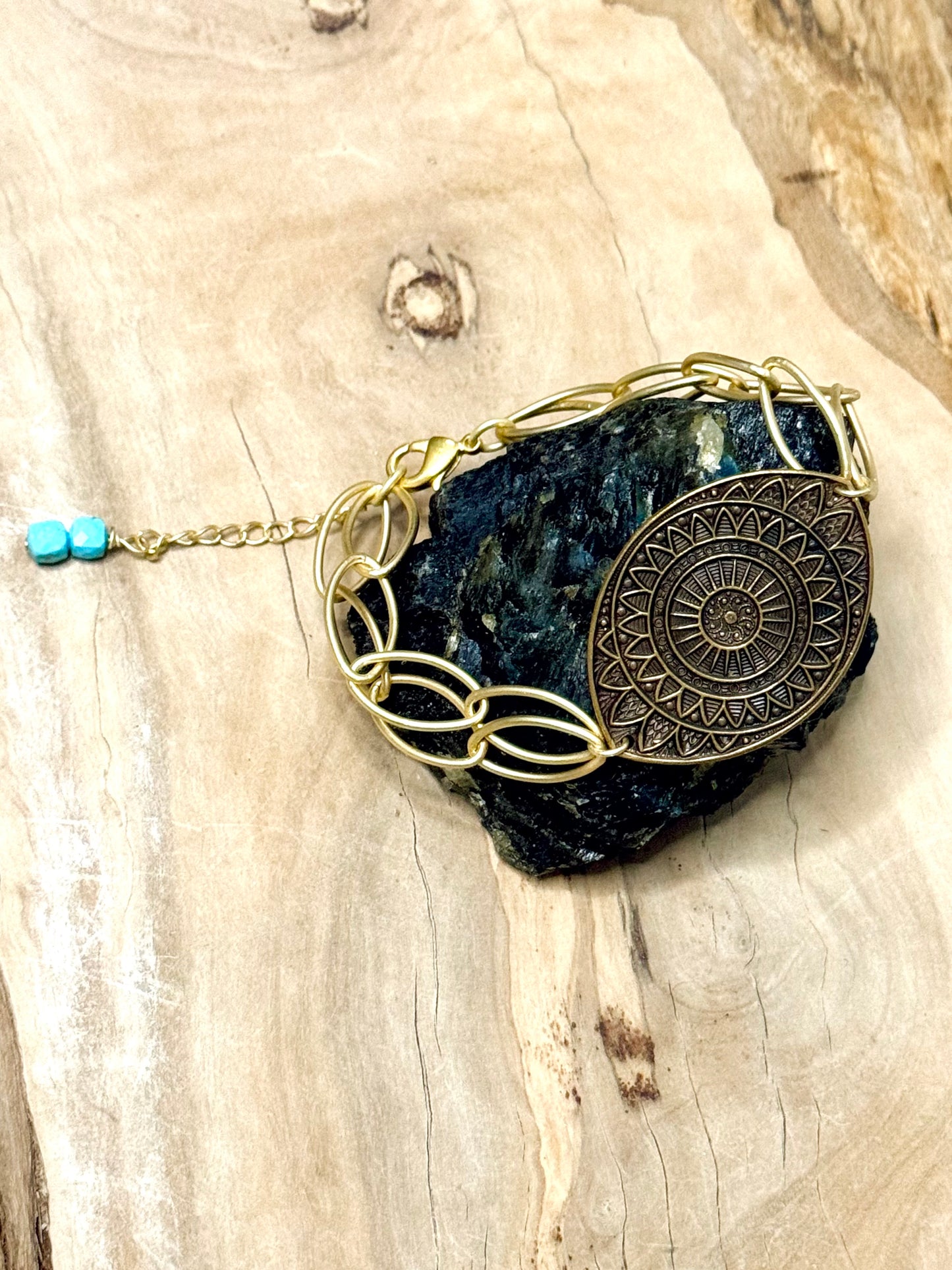 Brass Mandala Eye + Double Matte Gold Chain Bracelet