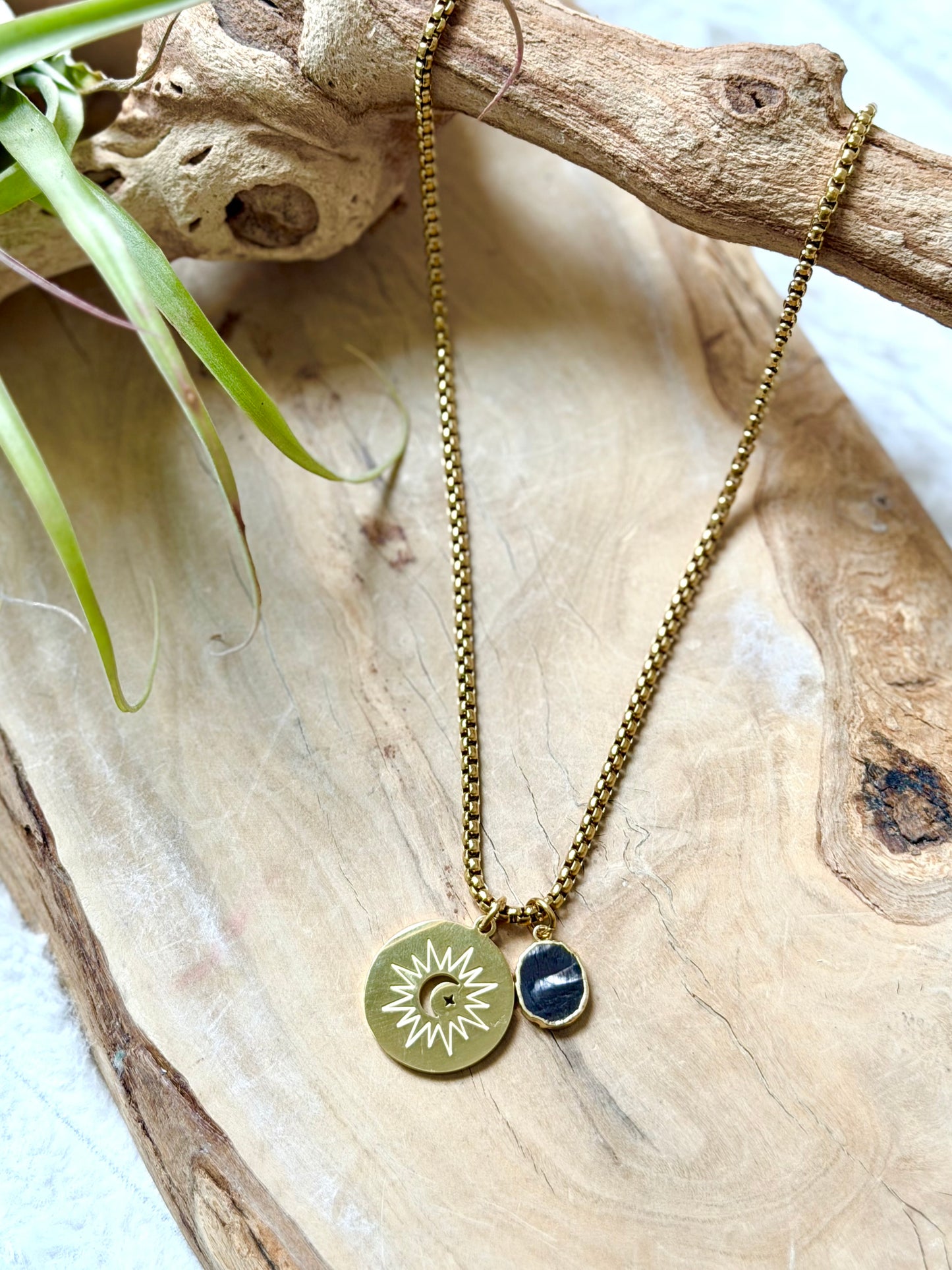 Hypersthene + Gold Moon and Star Pendant Necklace
