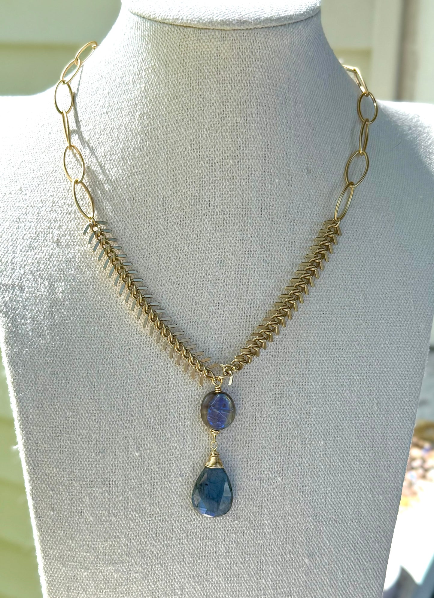 Labradorite + Matte Gold Fishbone Necklace