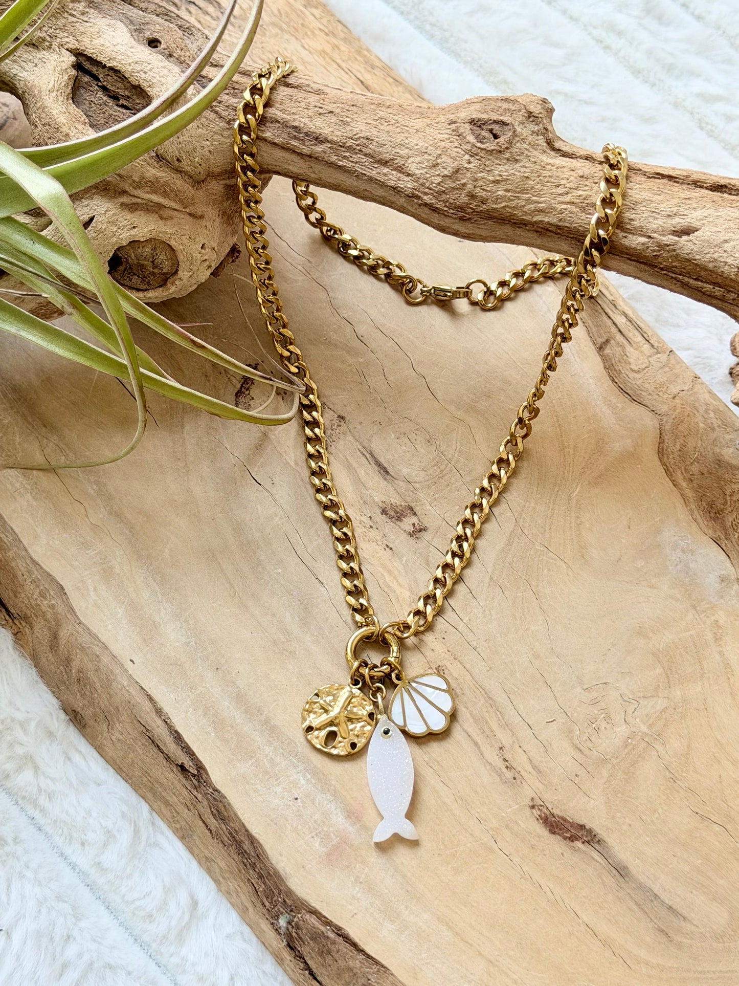 Druzy Agate Fish + Mother of Pearl Gold Stainless Carabiner Charm Necklace