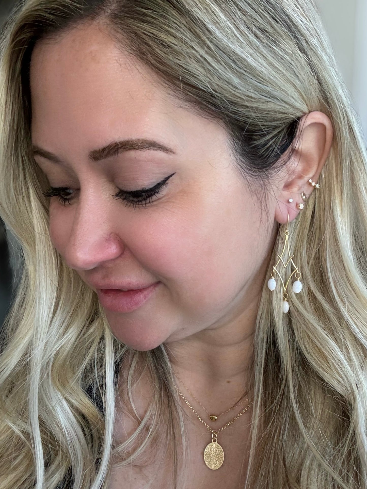 White Opal + Matte Gold Chandelier Earrings