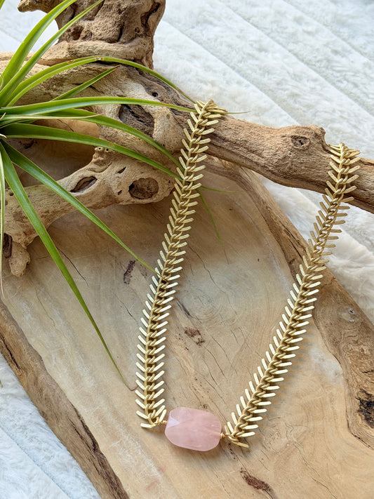 Rose Quartz + Matte Gold Fishbone Chain Necklace