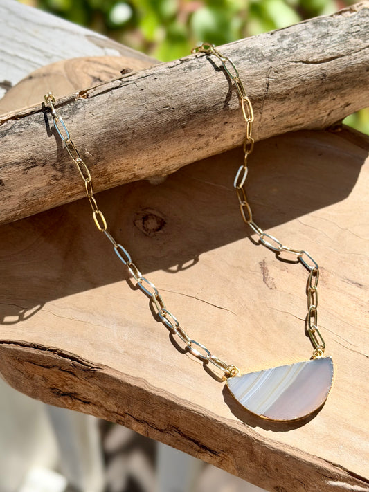 Agate Slice + Gold Stainless Steel Half Moon Necklace