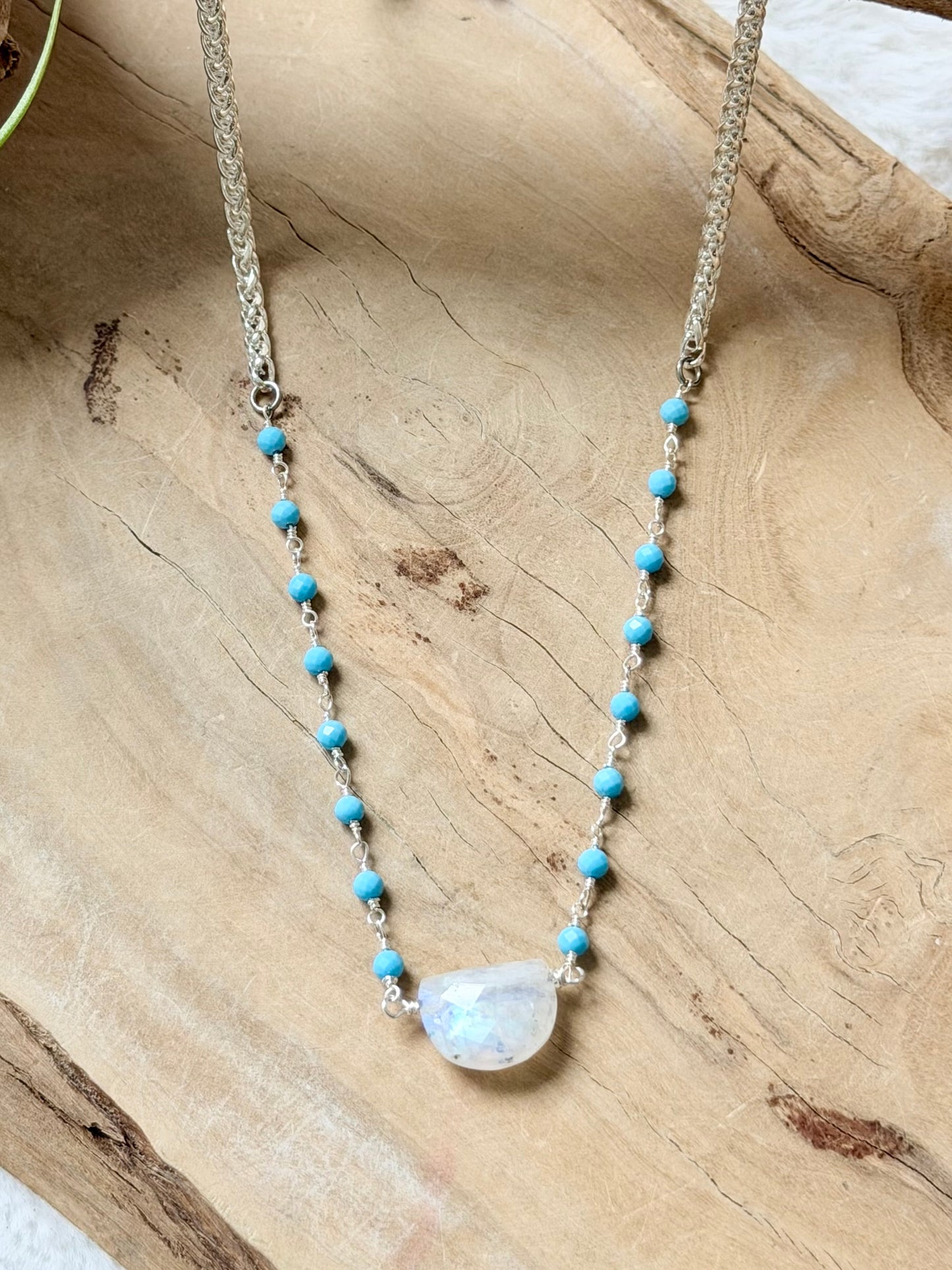 Rainbow Moonstone + Turquoise Silver Necklace