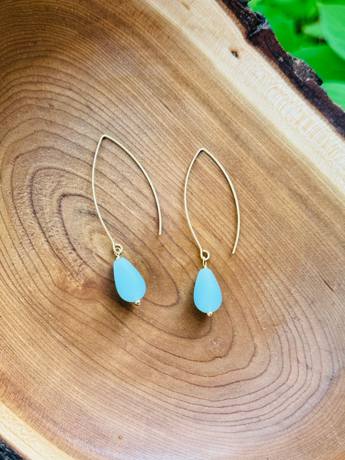 Light Blue Sea Glass + Gold Hook Earrings