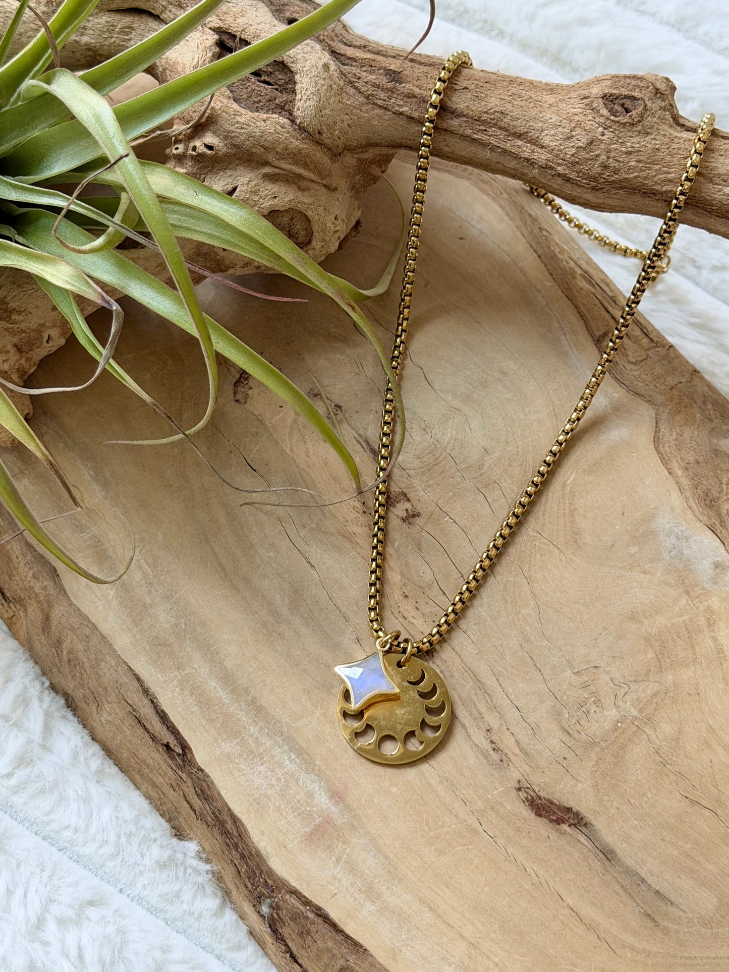 Rainbow Moonstone Star + Gold Moon Phases Necklace
