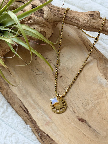 Rainbow Moonstone Star + Gold Moon Phases Necklace