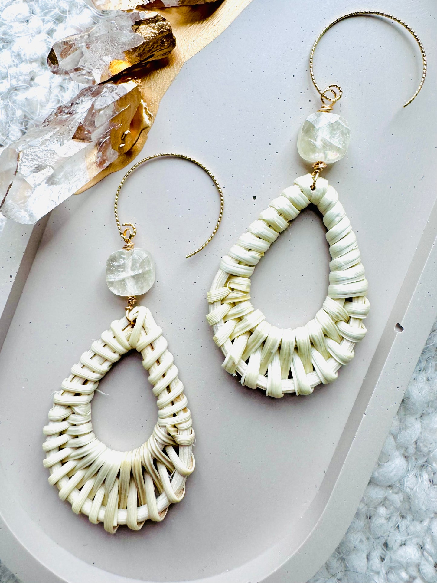 Yellow Calcite + Gold Rattan Earrings