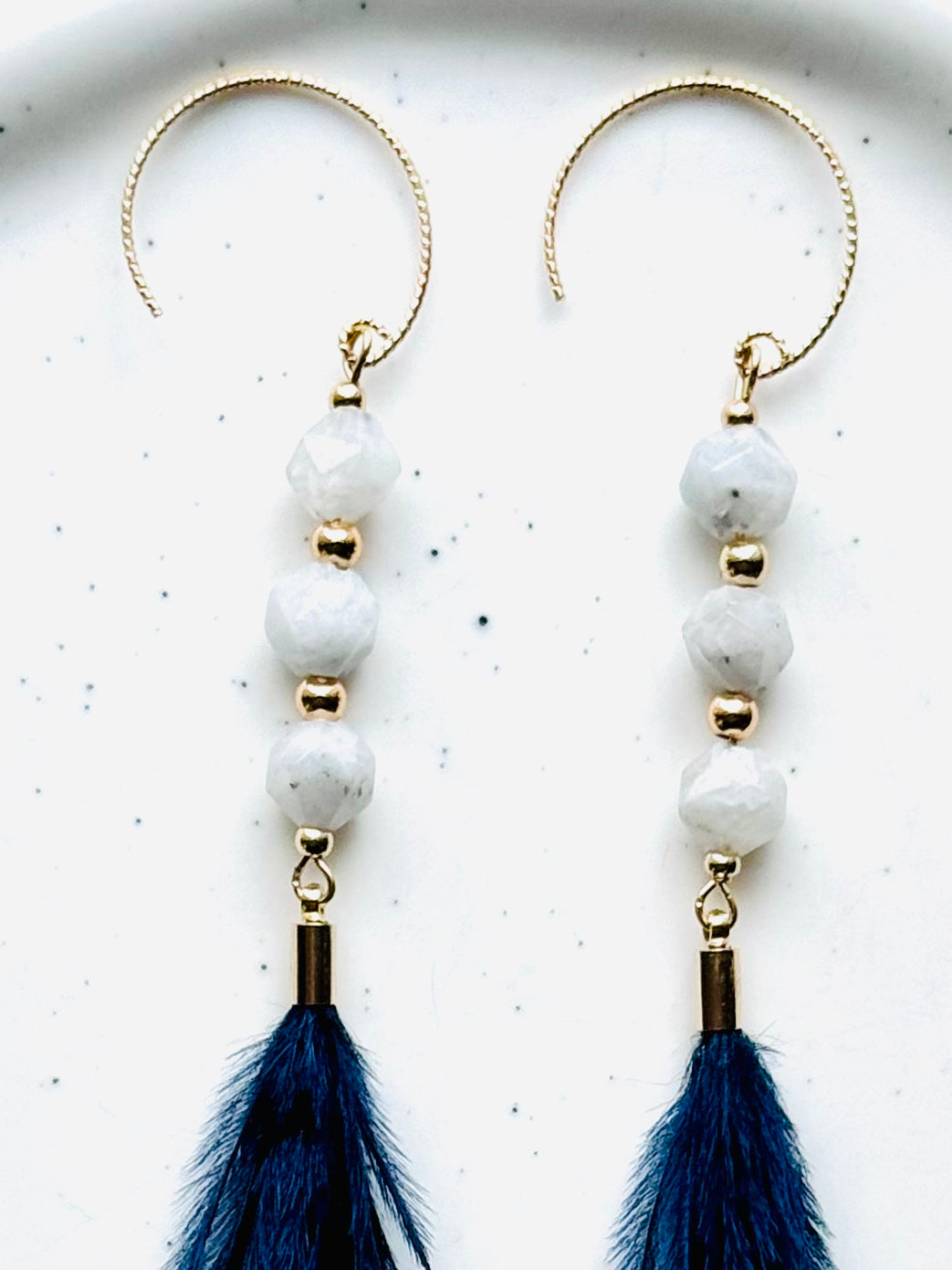 Moonstone + Gold Navy Feather Earrings