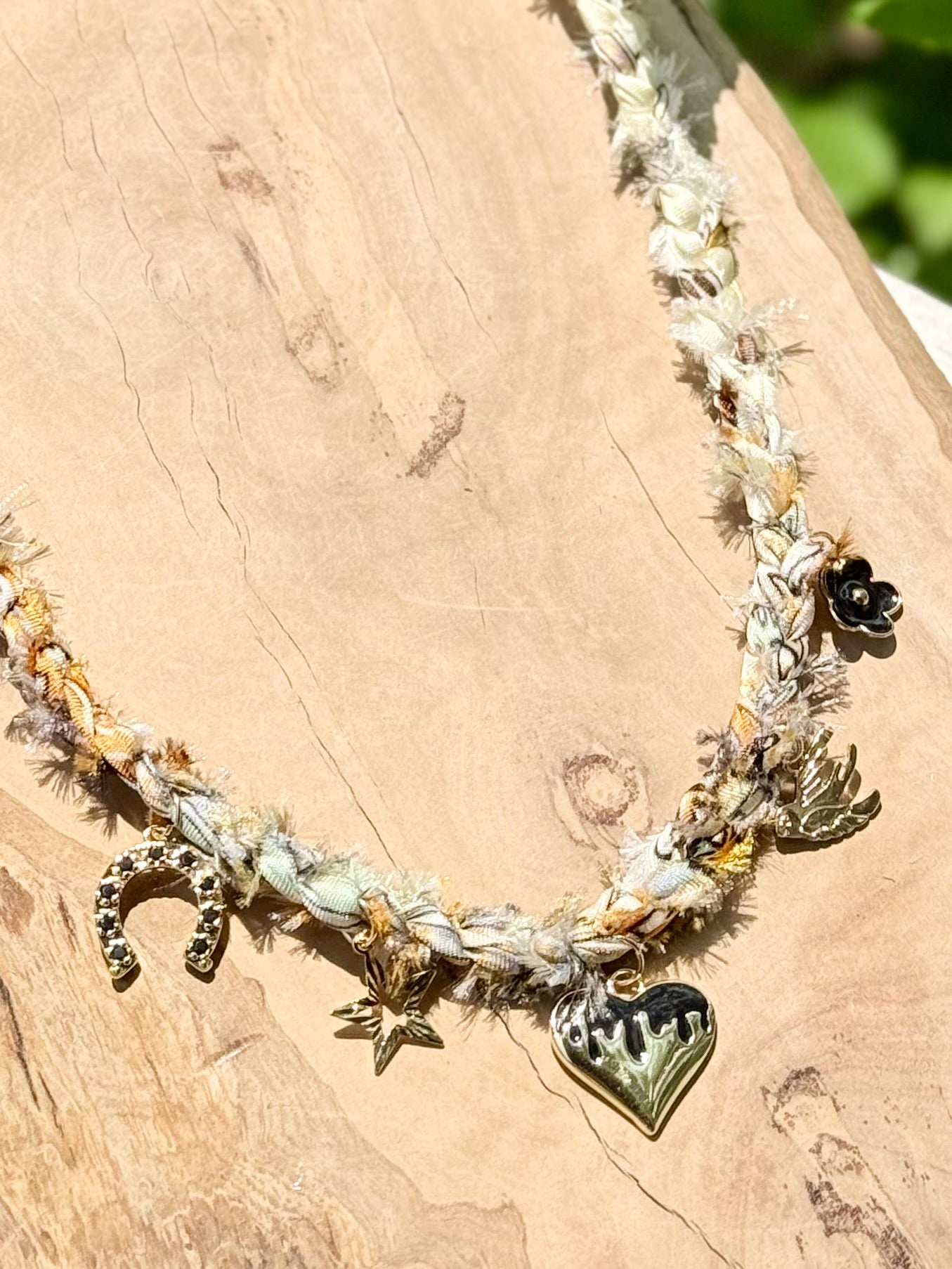 Braided Silk Scarf + Gold Black Heart Charm Necklace