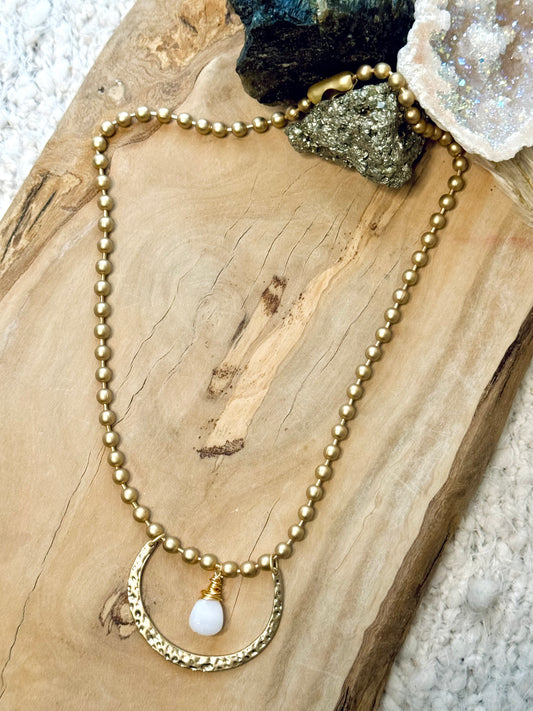 White Opal + Matte Gold Horseshoe Necklace