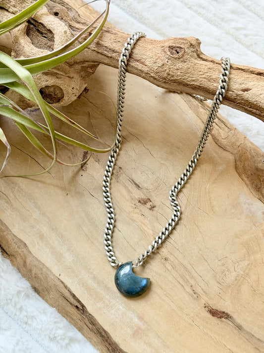 Labradorite Moon + Antique Silver Necklace