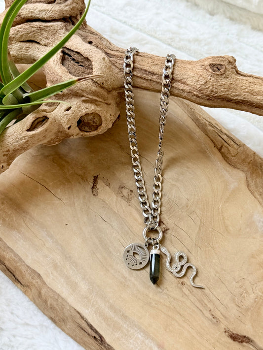 Labradorite + Silver Stainless Carabiner Charm Necklace