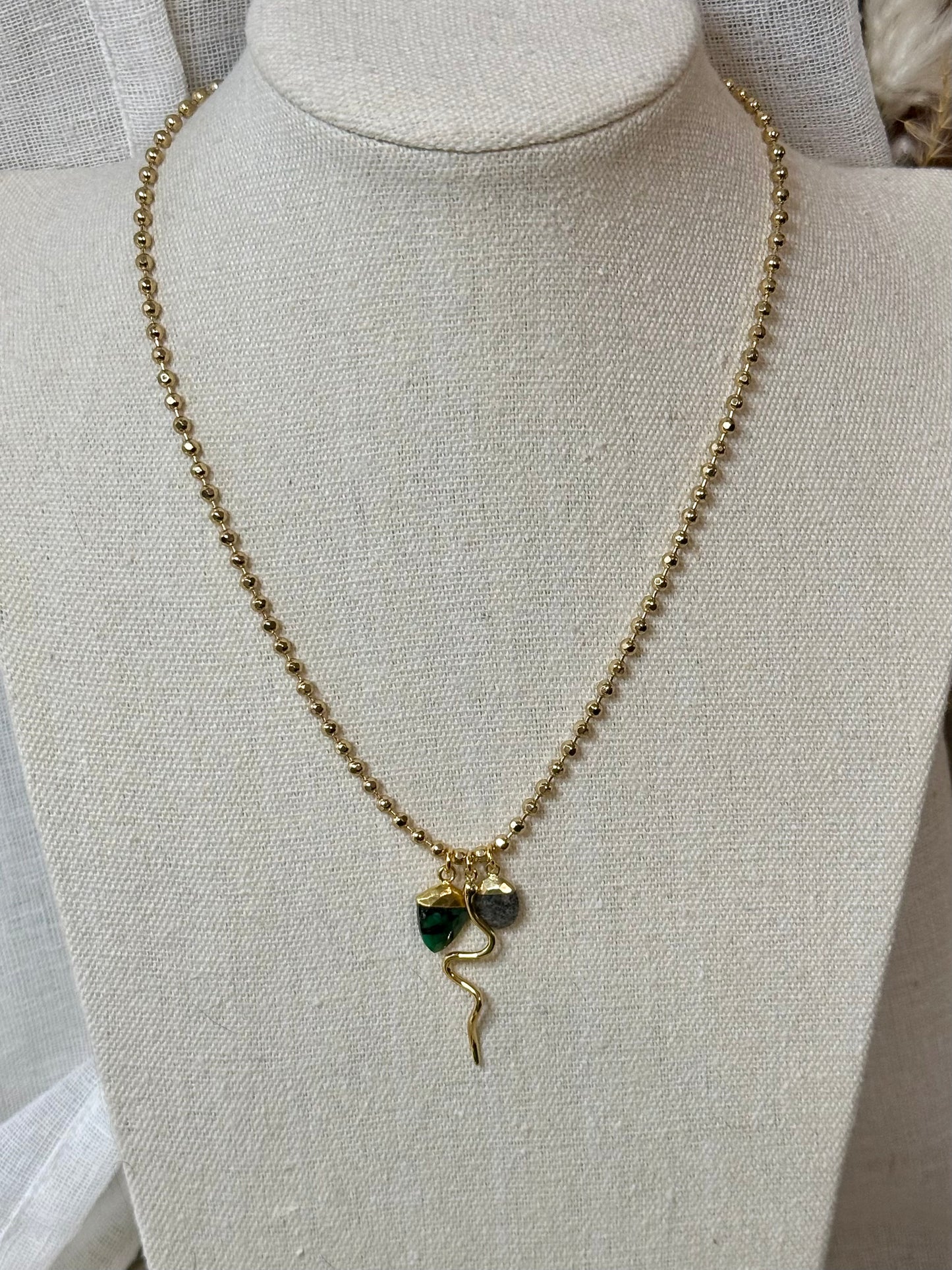 Emerald + Black Sunstone Gold Charm Necklace