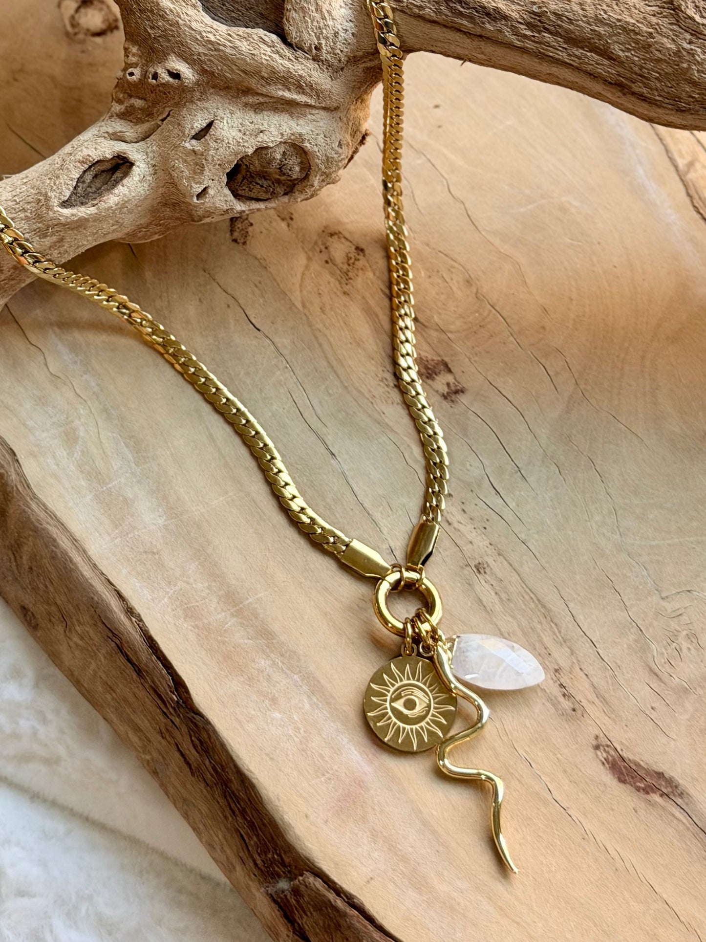 Rainbow Moonstone + Gold Protection Stainless Steel Necklace