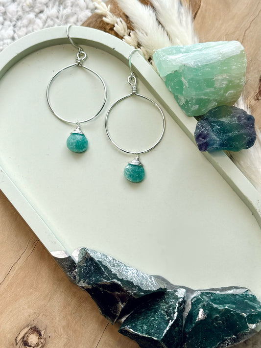 Amazonite + Silver Hoop Earrings