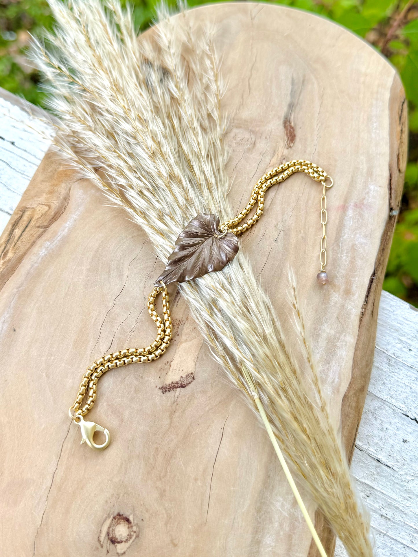 Brown Brass Leaf + Matte Gold Chain Bracelet