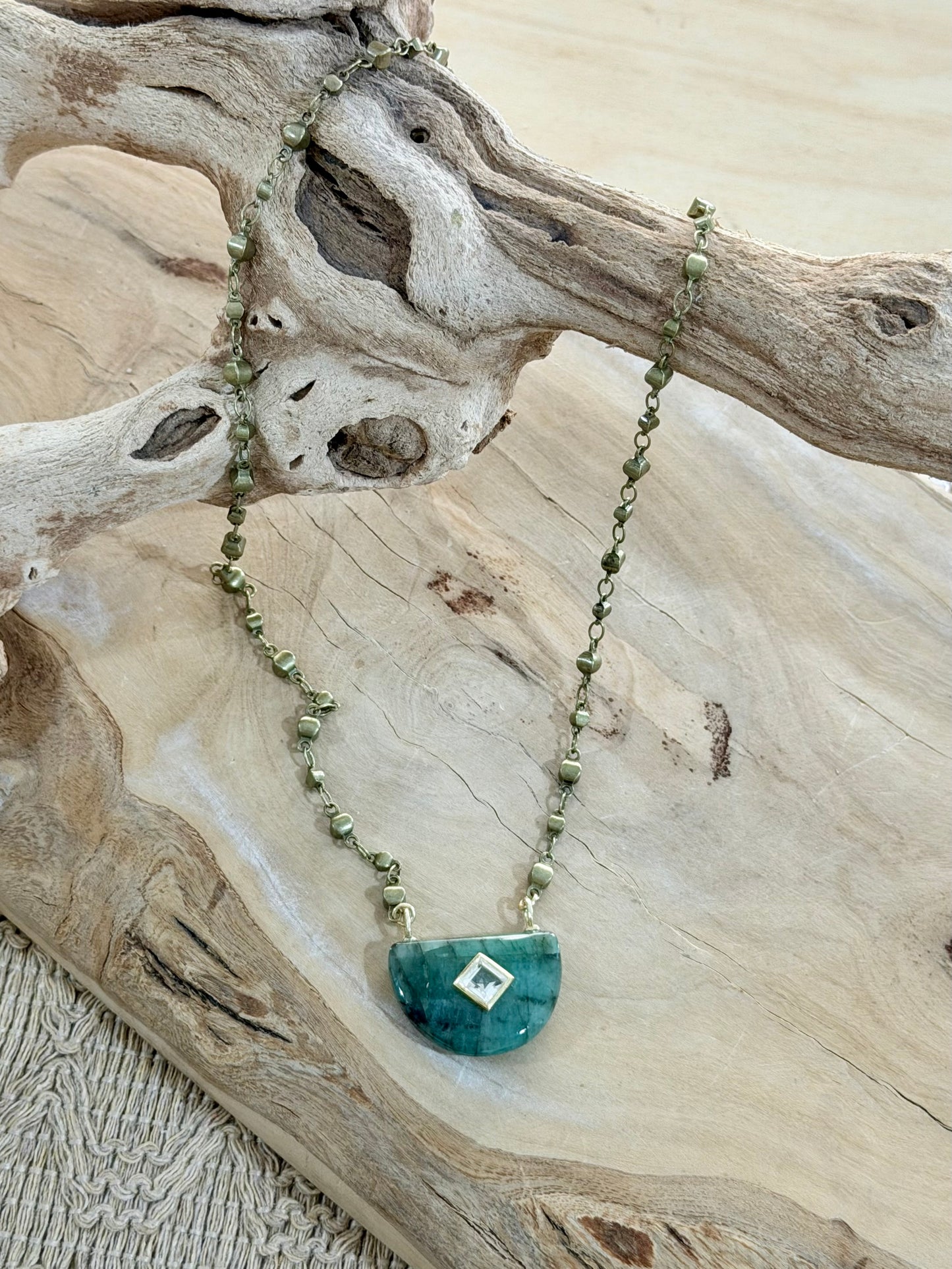 Emerald + White Topaz Half-Moon Necklace