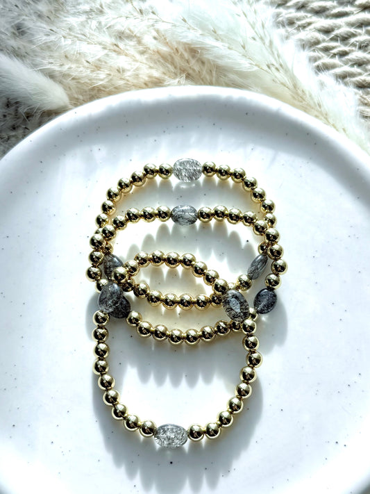 Rutilated Quartz + Gold Beaded Bracelet