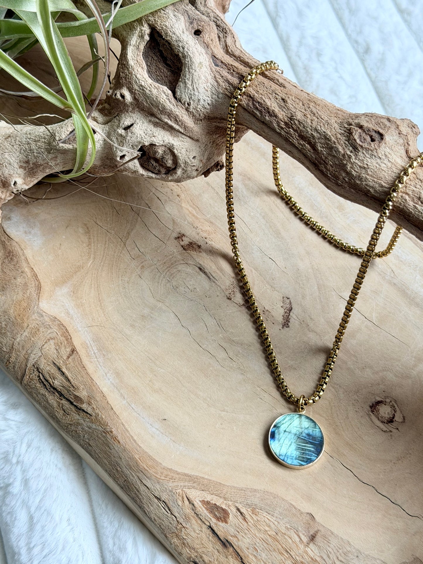 Labradorite + Gold Circle Pendant Necklace
